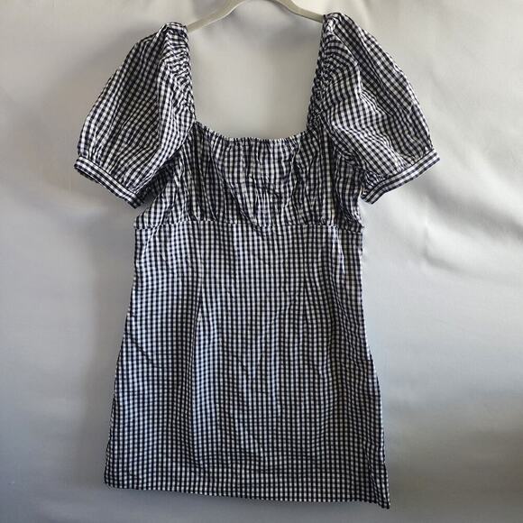 Anthropologie Forever That Girl Dress Women L Blue Gingham Mini Cottage Milkmaid - Picture 2 of 9